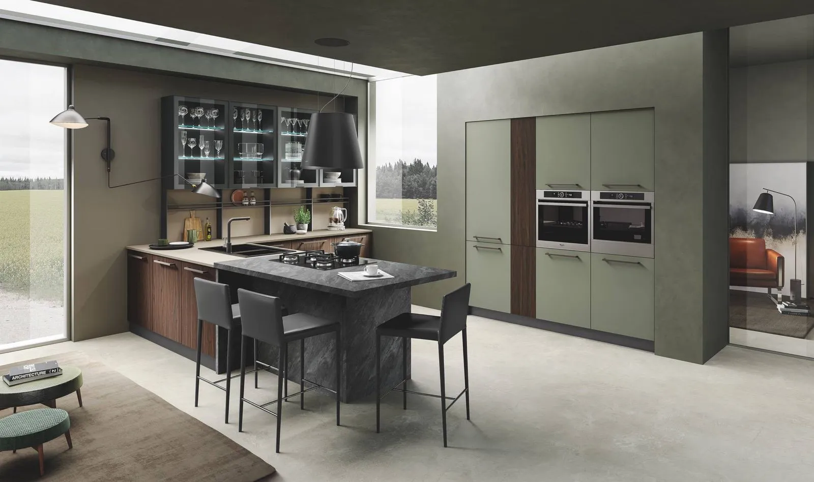 Ambiente cucina e soggiorno esposto nello showroom Mobili Rocca
